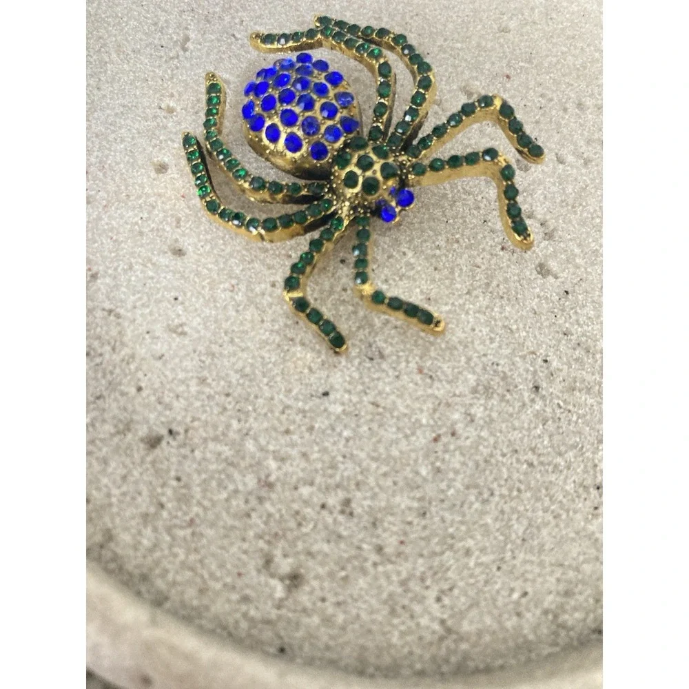 Gold Tone Spider Brooch Pin Blue & Green Rhinestone Bug Insect Whimsical Novelty